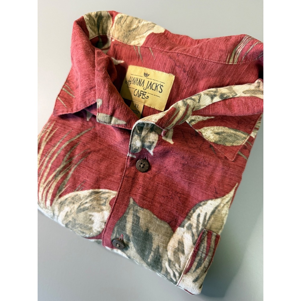 Havana Jacks Cafe Mens XL Red 100% Silk Tropical Floral Pineapple Camp Shirt